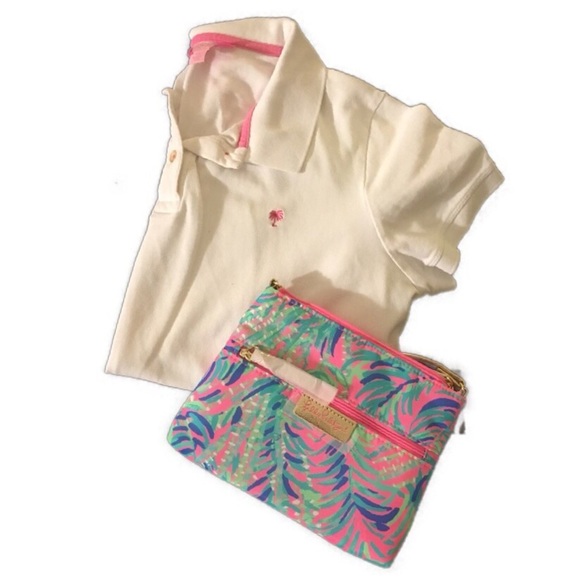 Lilly Pulitzer Tops - Lilly Pulitzer White Pink Palm Tree Polo Shirt